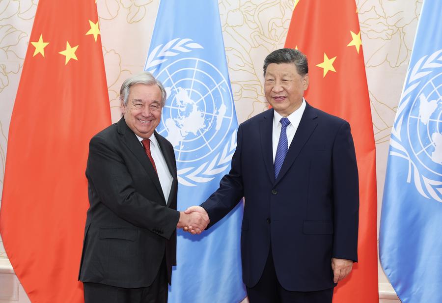 (SCO Tianjin Summit) Xi meets UN chief